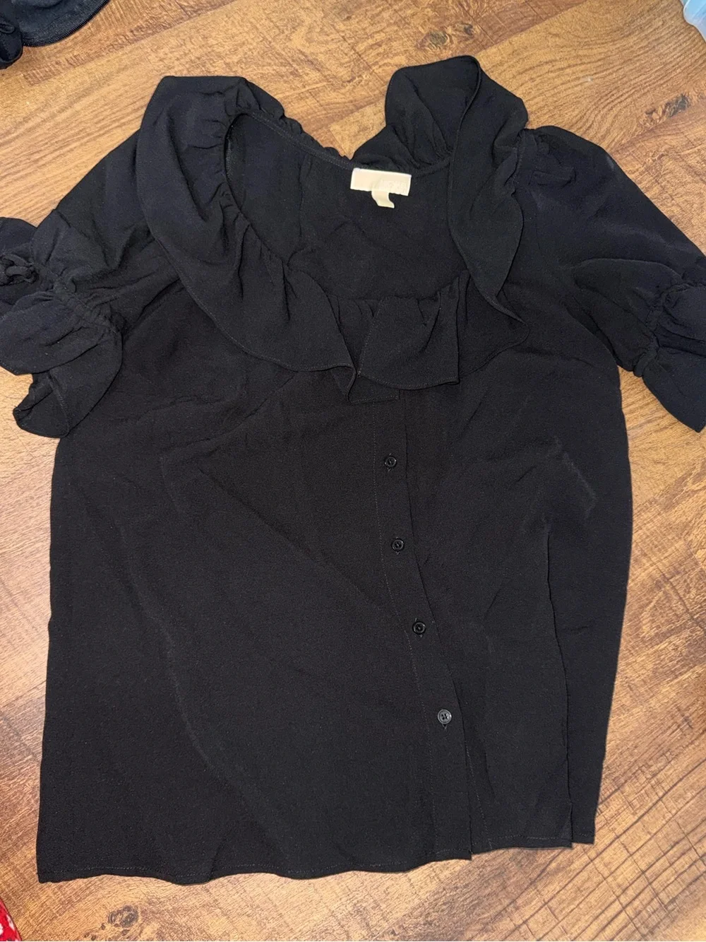 Michael Kors Black Ruffle-Trim Button Down Blouse